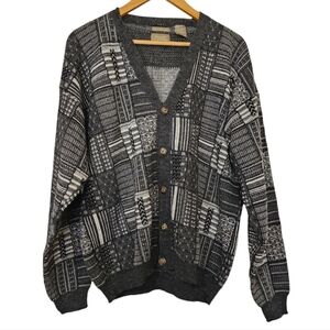 Vtg Haggar City Casuals Geometric Cardigan Sweater Grandpa Knit L Made in Italy
